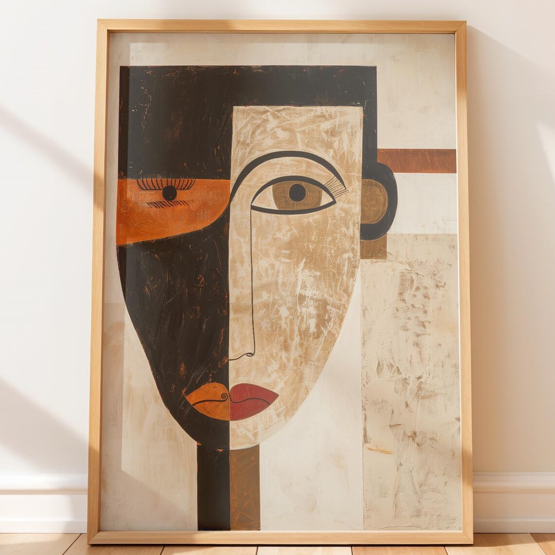 Cubistinspired Abstract Human Face Print Modern Minimalist Wall Art Geometric Portrait With Earthy Tones