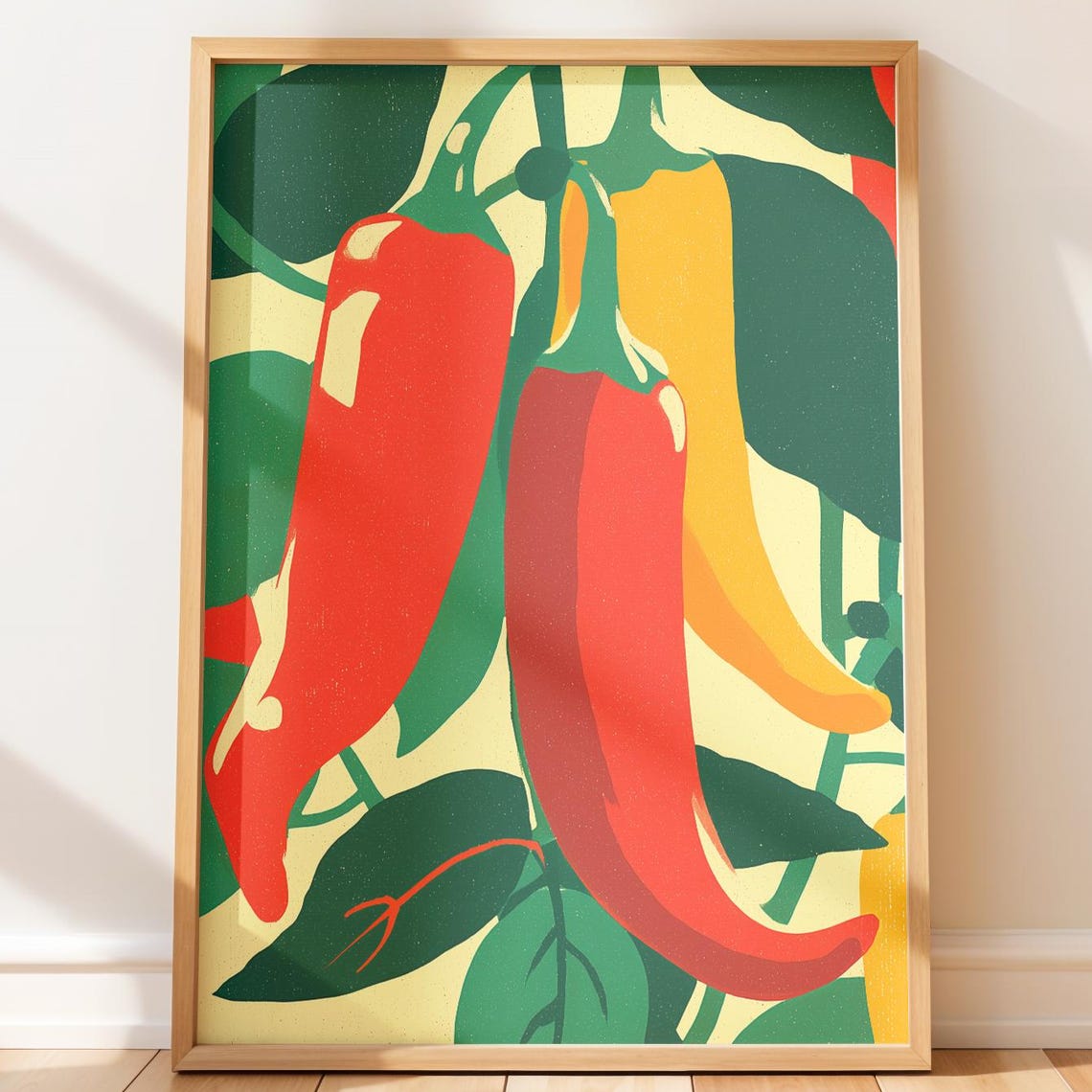 Vibrant Red Chili Peppers Retro Botanical Kitchen Decor Poster