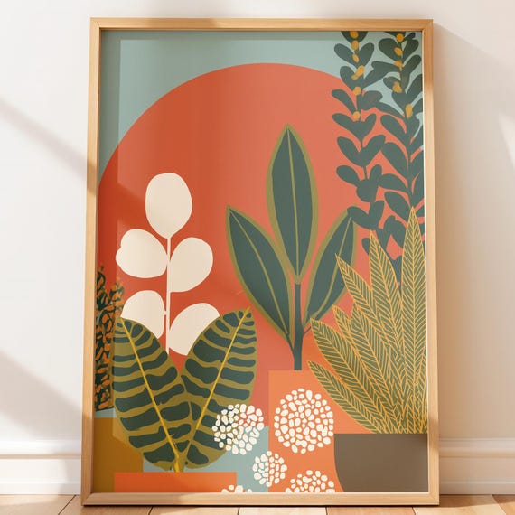 Midcentury Modern Botanical Wall Art Retro Herbarium Display Earthy Minimalist Decor Terracotta Teal Illustration