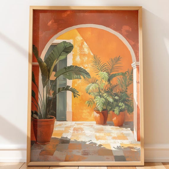 Mediterranean Courtyard Art Colorful Travel Poster Vintage Boho Wall Decor Landscape Illustration