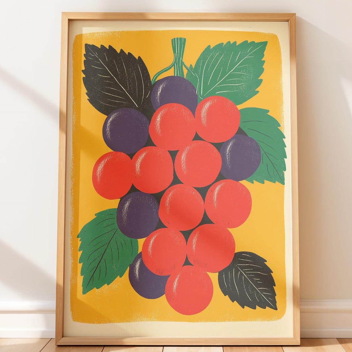 Minimalist Retro Grape Print Bold Red Purple Grapes Midcentury Art