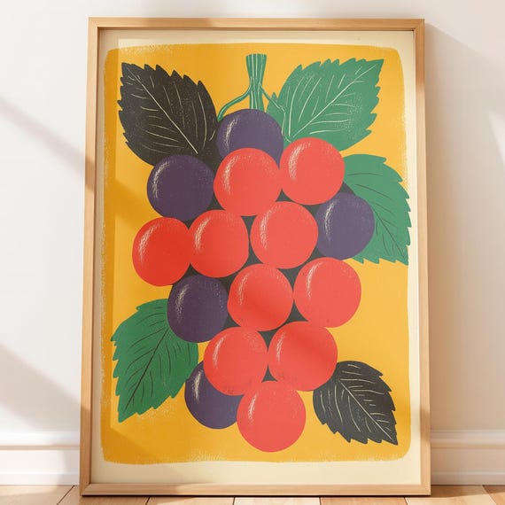 Minimalist Retro Grape Print Vintage Grapes Wall Art Midcentury Modern Decor Playful Fruit Illustration