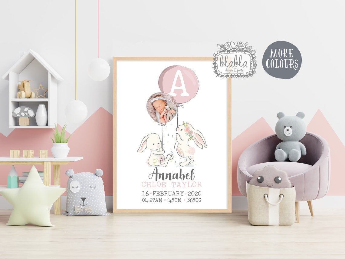 Harrison Thomas Acton Newborn Bunny Birth Stats Nursery Print - Image 2