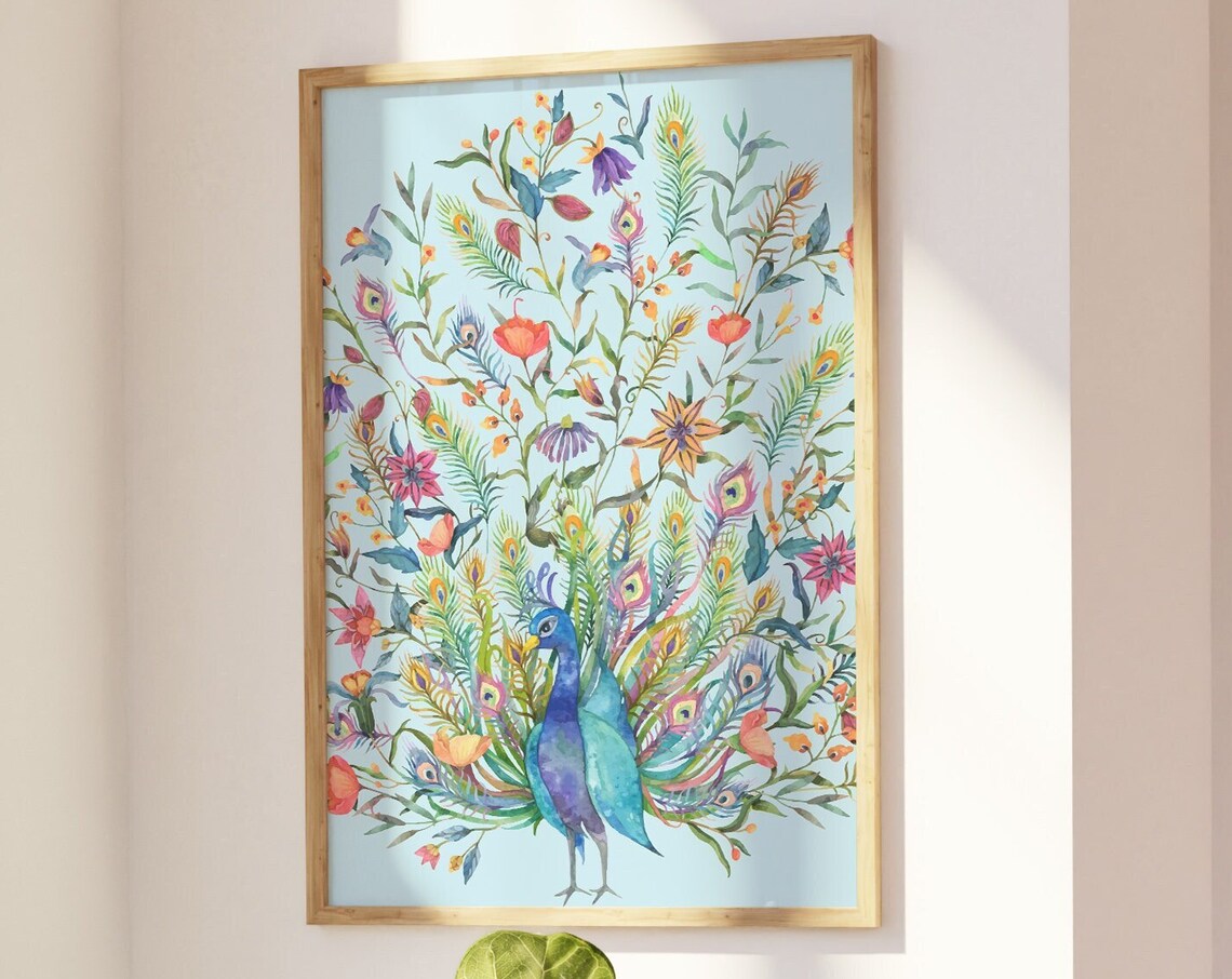 Blue Peacock Boho Art Print, Mid-Century Decor