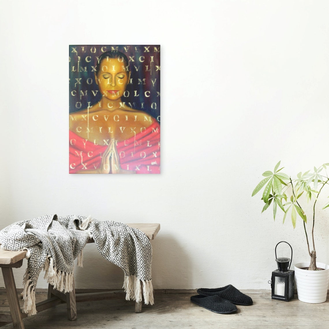 Praying Woman Meditation Spiritual Hands Red Sari Painting Poster - Image 4