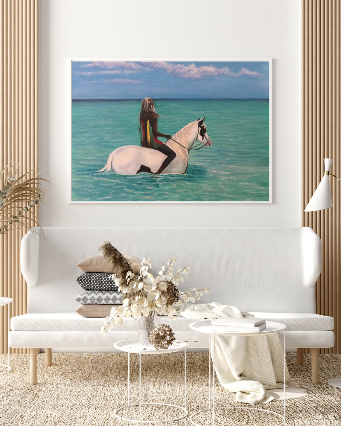 Woman Riding White Horse Turquoise Ocean Shallow Sea Beach Poster - Image 3