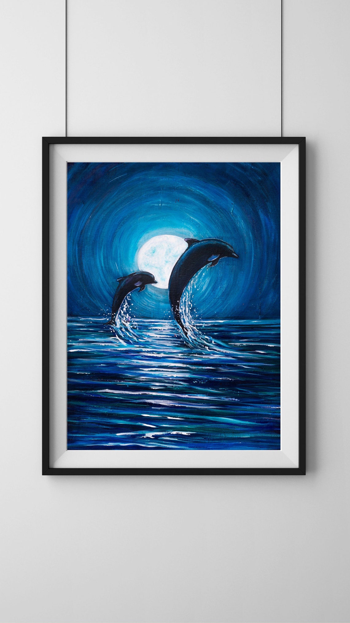 Dolphins Leaping Moonlight Painting Ocean Night Blue Waves Art Poster - Image 3