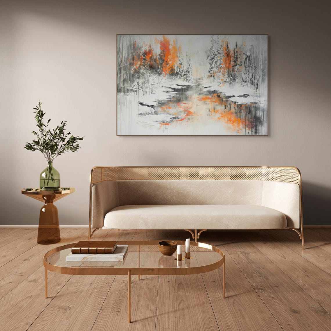 Winter Stream Snowy Forest Orange Trees Reflection Scenic Poster - Image 2
