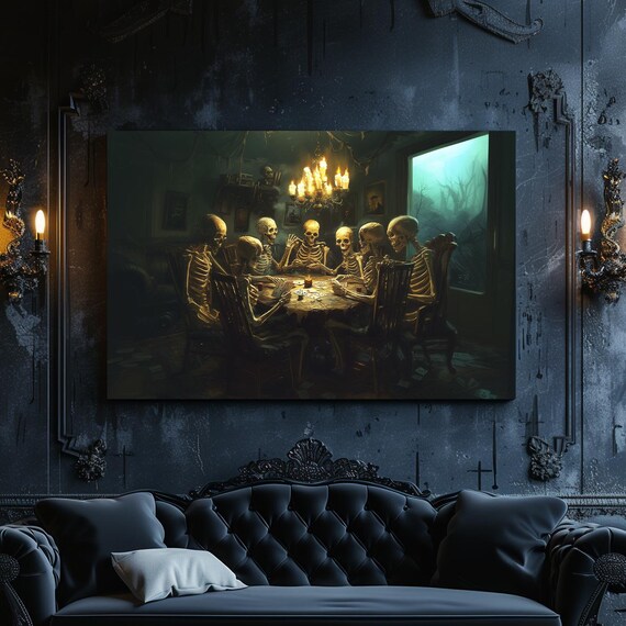 Six Skeletons Playing Poker in Candlelit Gothic Halloween Poster