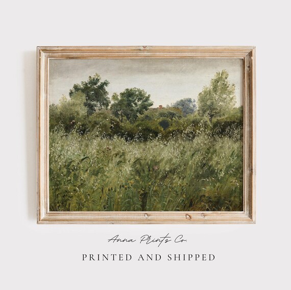 Antique Green Field Landscape, Vintage Art Print