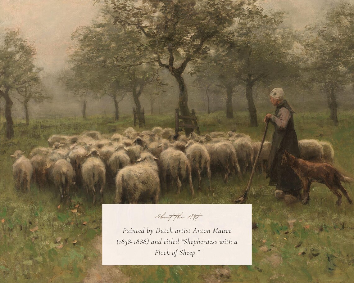 Shepherdess With Sheep Vintage Pastoral Art Print - Image 2