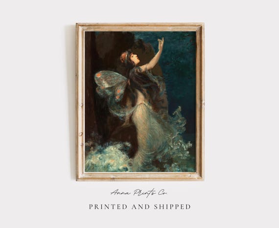Antique Water Nymph Painting, Vintage Art Print