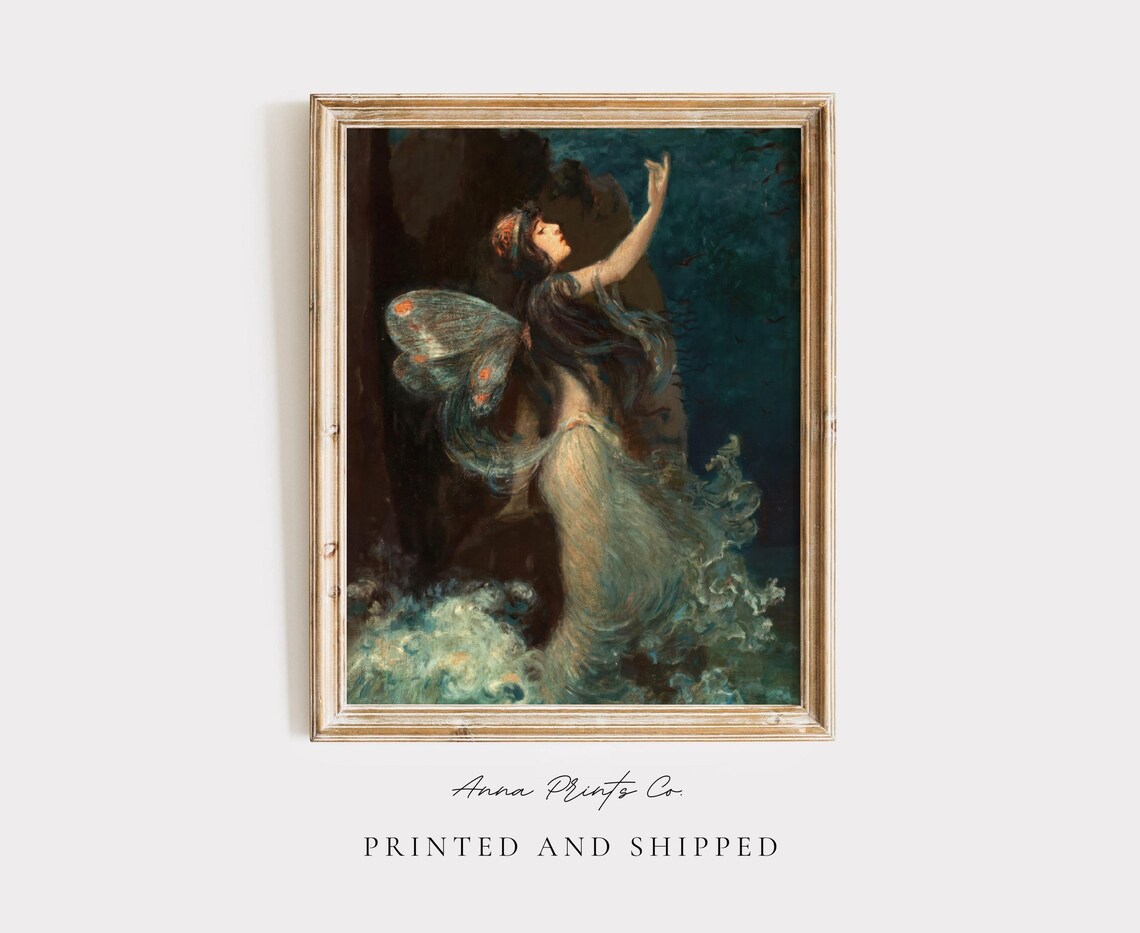 Antique Water Nymph Painting, Vintage Art Print