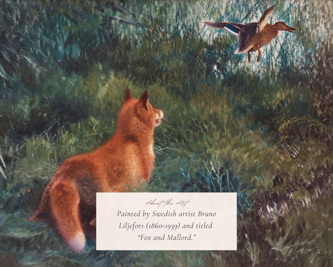 Vintage Fox and Mallard Painting, Animal Art Print - Image 2