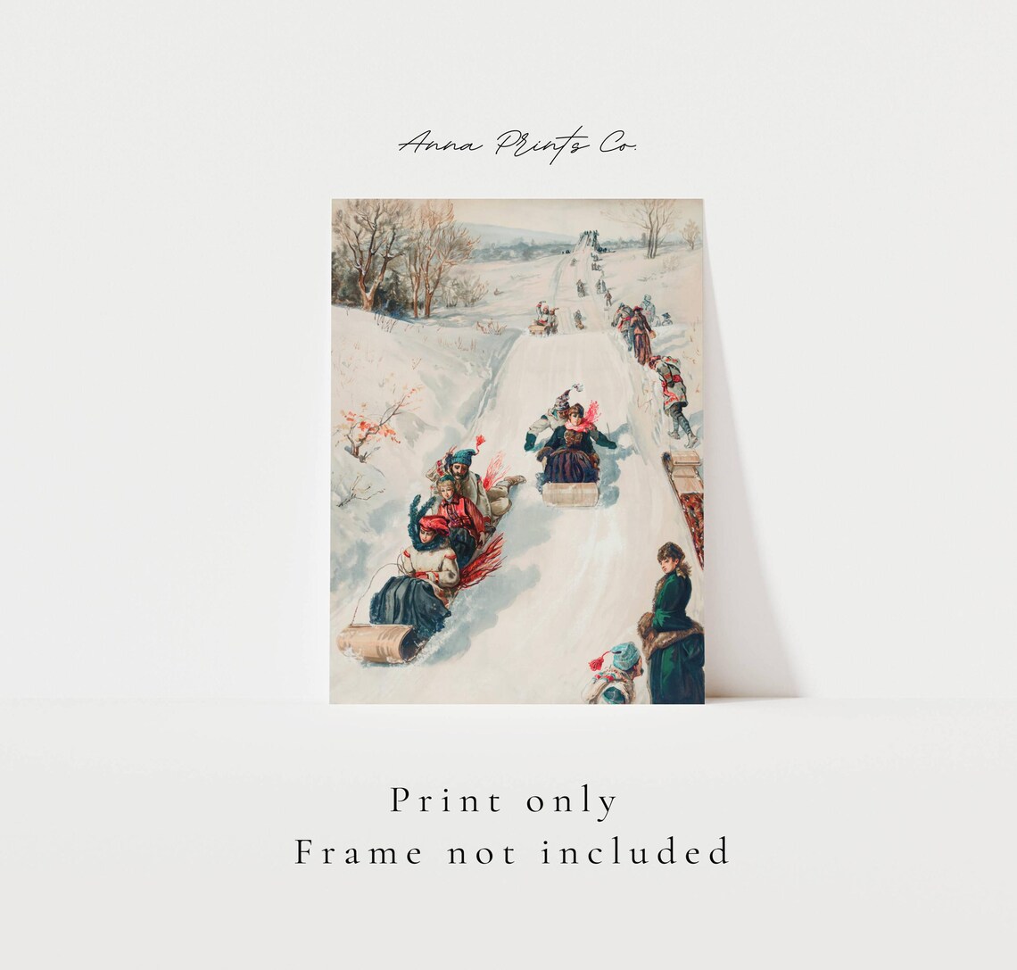 Sledding Hill Vintage Winter Landscape Art Print - Image 3