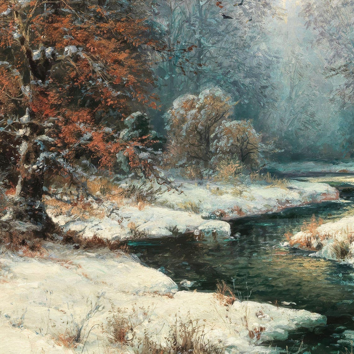 Snowy Forest Stream Winter Woodland Landscape Vintage Christmas Print - Image 2