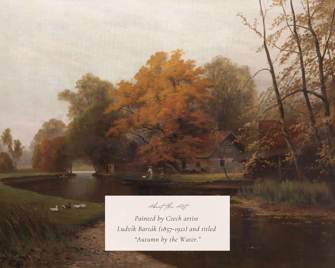 Autumn Lake With Cottage Geese And Boat Moody Fall Landscape Print - Image 2
