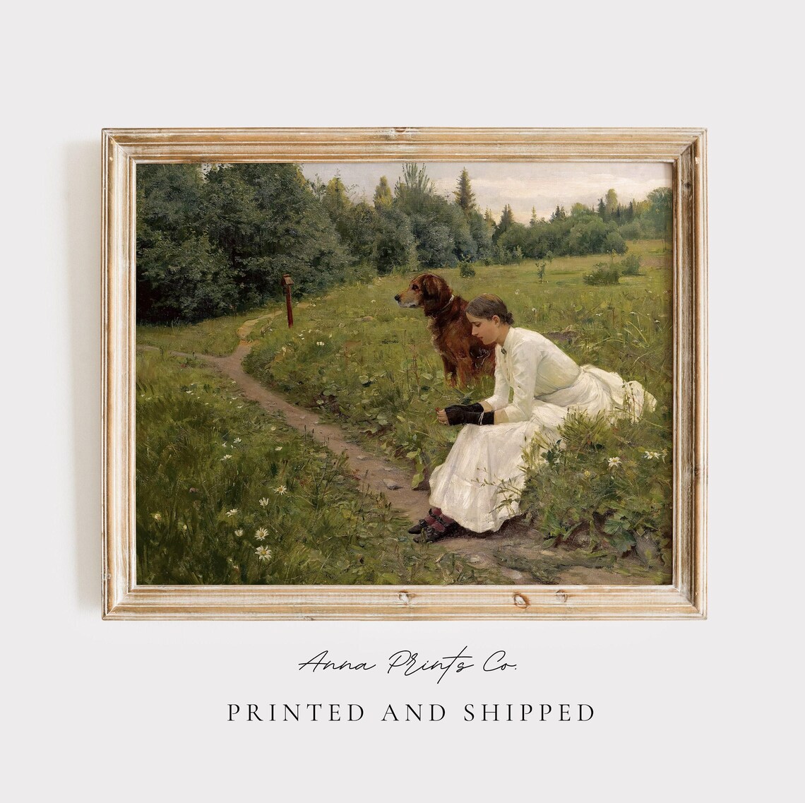 Vintage Woman With Dog Landscape, Victorian Art Print