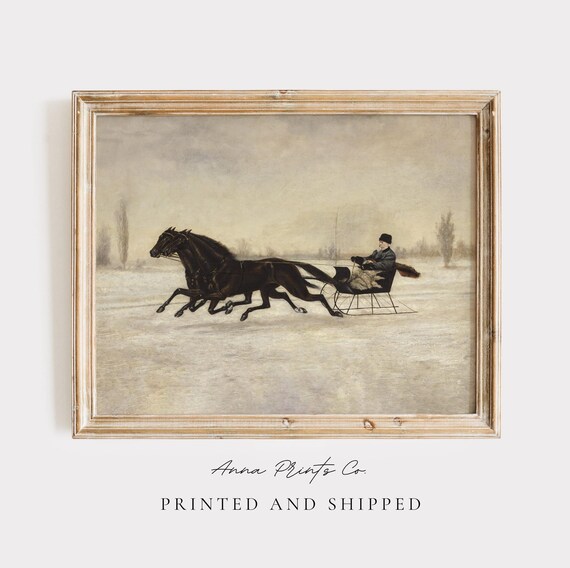 Antique Christmas Sleigh Vintage Winter Landscape Art Print