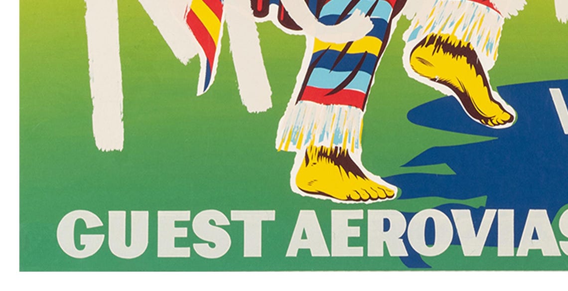 Mexico Folk Dancer Feather Fans Guest Aerovias Colorful Poster - Image 2