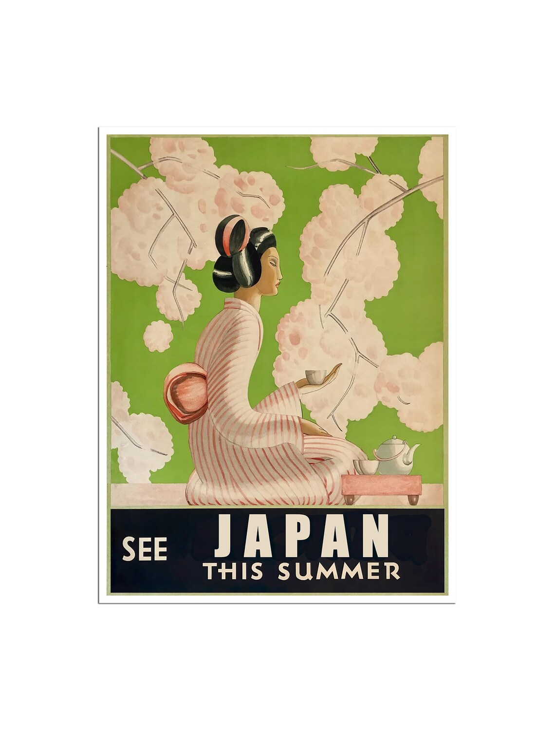 See Japan This Summer Poster Geisha Cherry Blossom Tea Retro Art