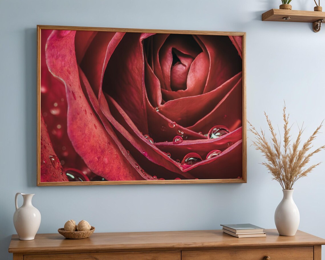 Red Rose Close-Up Water Droplets Fine Art Photography Poster