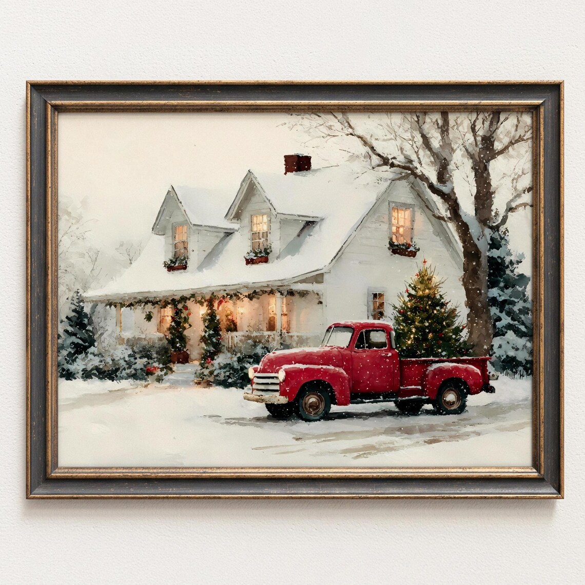 Red Vintage Pickup Truck Snowy Christmas Cottage Scene Poster