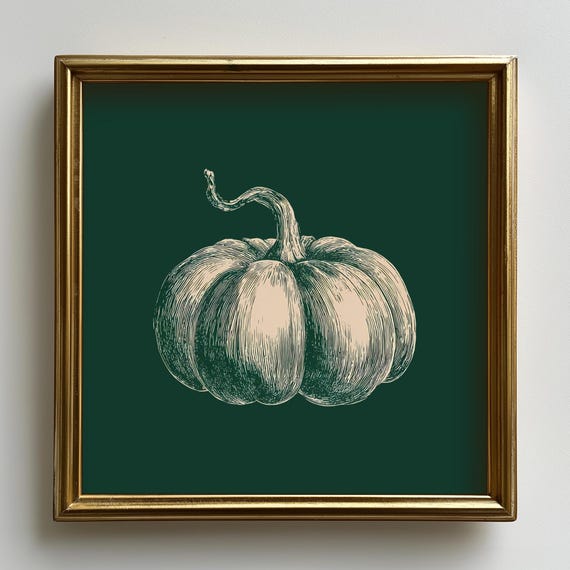 Vintage Pumpkin Botanical Sketch on Dark Green Rustic Fall Autumn Poster