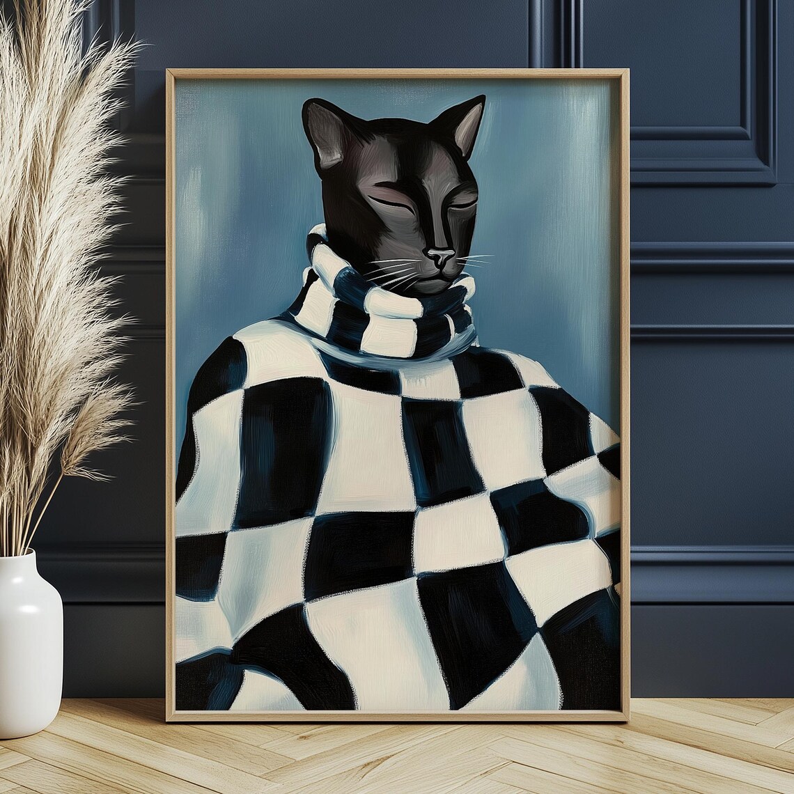 Black Cat In Checkered Sweater Modern Whimsical Portrait Poster