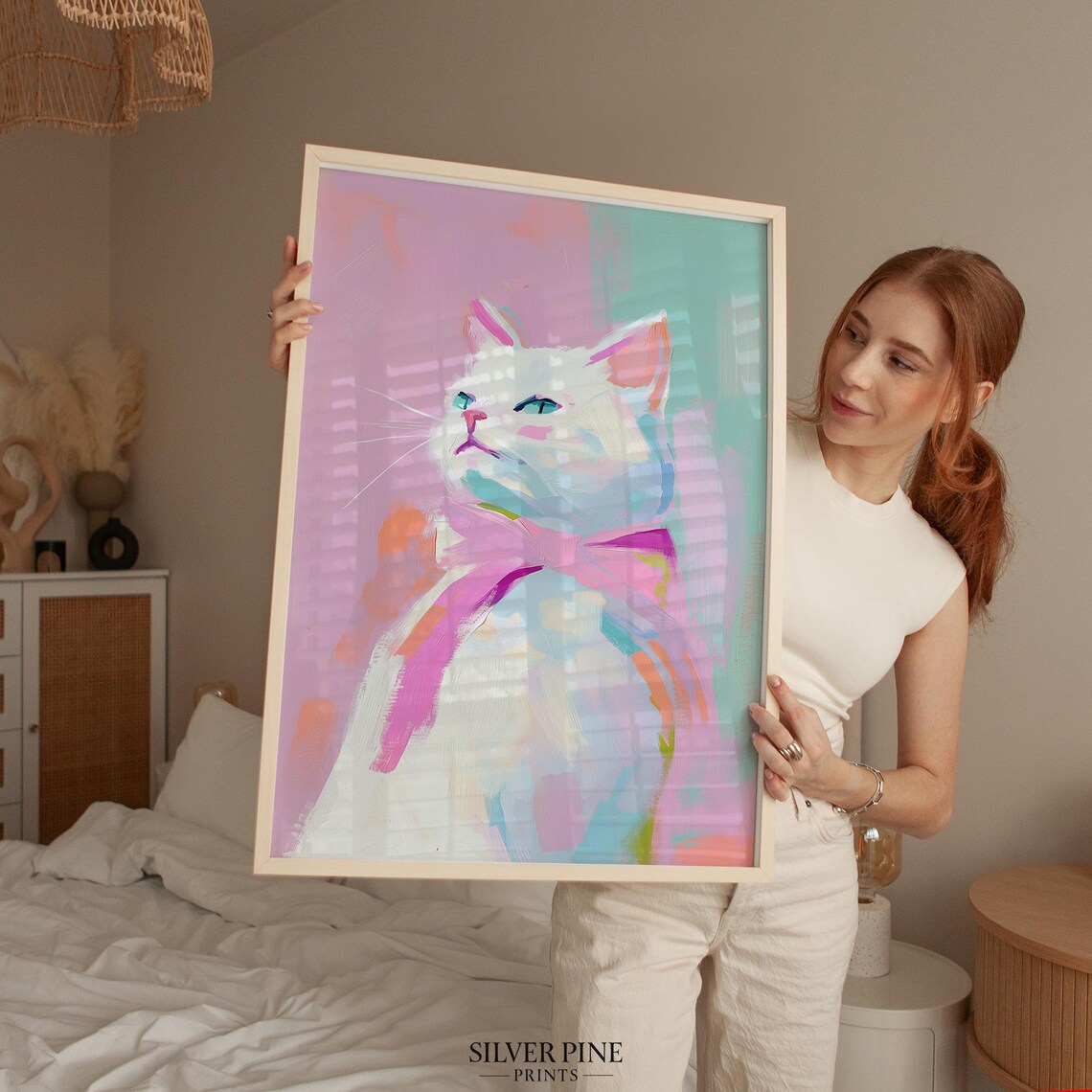 Charming White Cat Portrait With Pastel Pink Bow Pet Wall Art - Image 5