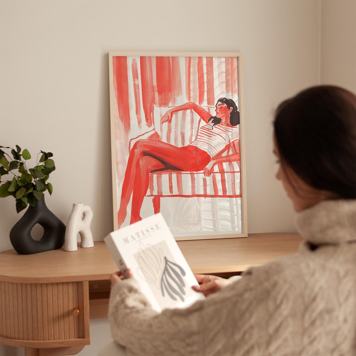 Relaxed Lounging Woman in Red Dress on Striped Sofa Art Poster - Image 3