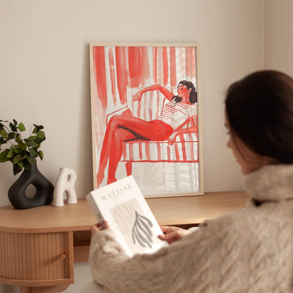 Relaxing Woman Wall Art Bold Red Abstract Print Modern Minimalist Home Decor Striped Couch Illustration - Image 3