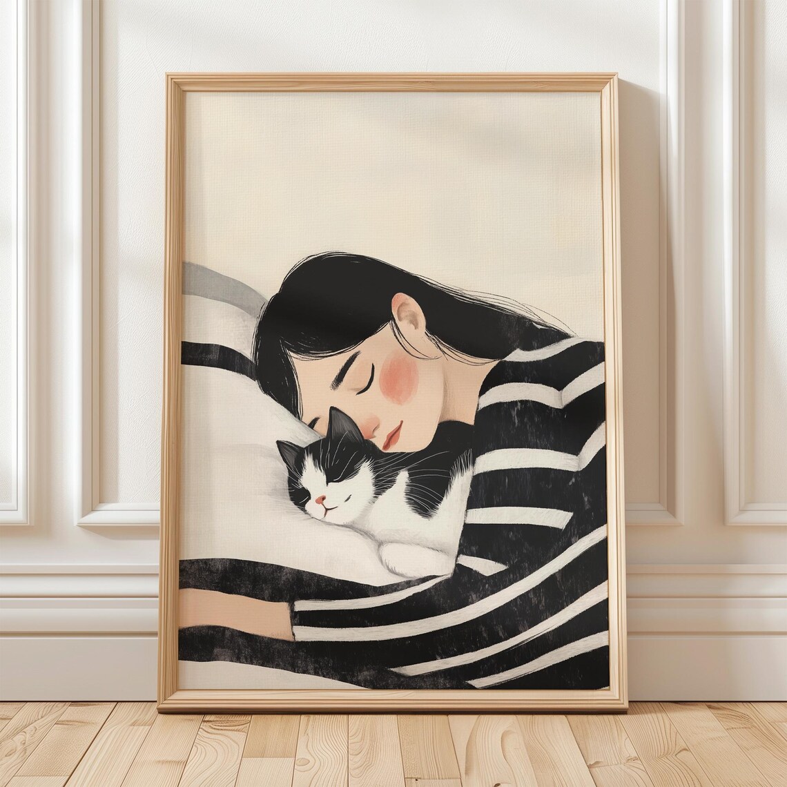 Sleeping Woman Cuddling Black and White Cat Cozy Minimalist Wall Art - Image 5
