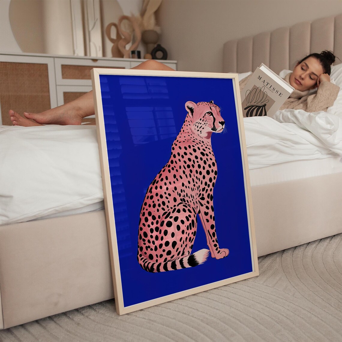 Cheetah Wall Art Print Blue Luxury Leopard Wall Art Preppy Wall Art Wild Animal Art Maximalist Wall Art - Image 2