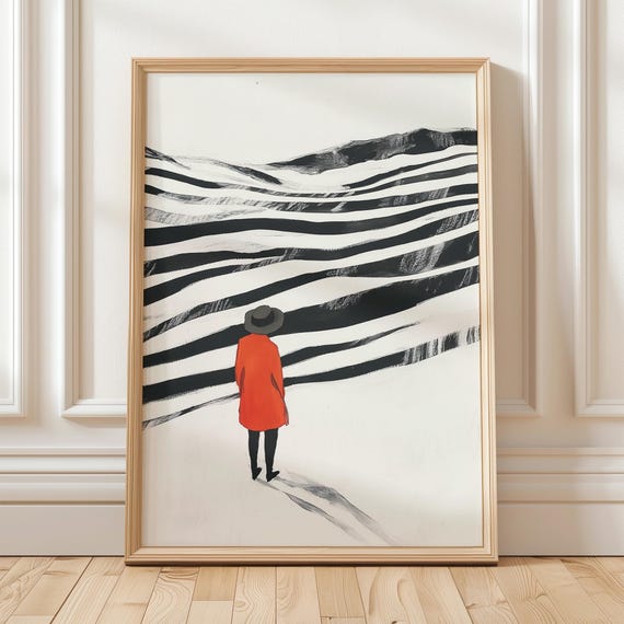 Minimalist Abstract Landscape Print Black And White Art Modern Wall Art Red Coat Artwork Mountain Art