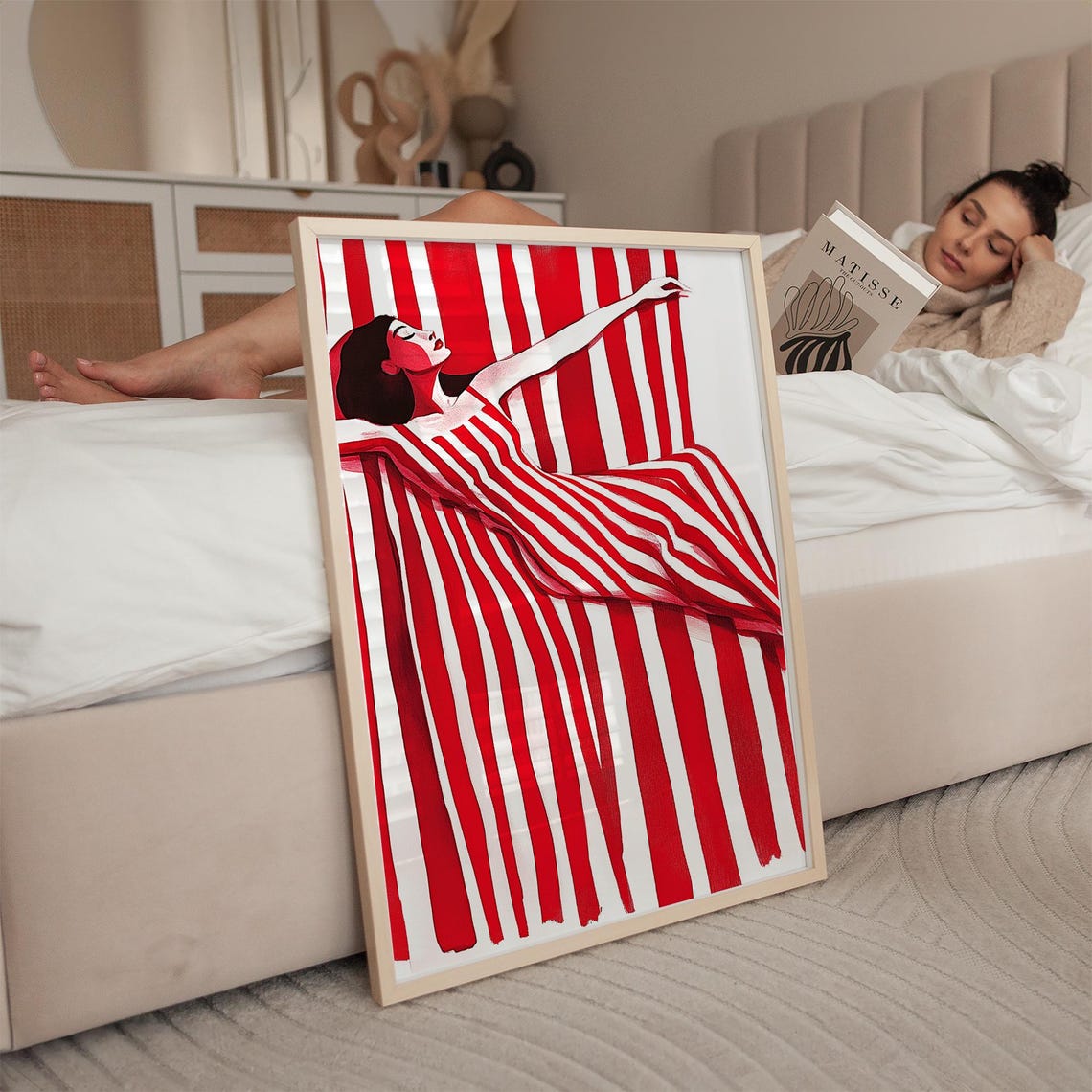 Bold Red Striped Woman Art Print Modern Abstract Wall Art Minimalist Contemporary Poster Red And White Artwork - Image 4