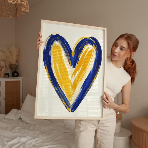 Blue And Yellow Heart Art Print Modern Abstract Wall For Contemporary Home Decor