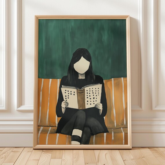 Faceless Woman Reading On Orange Striped Couch Green Art Poster