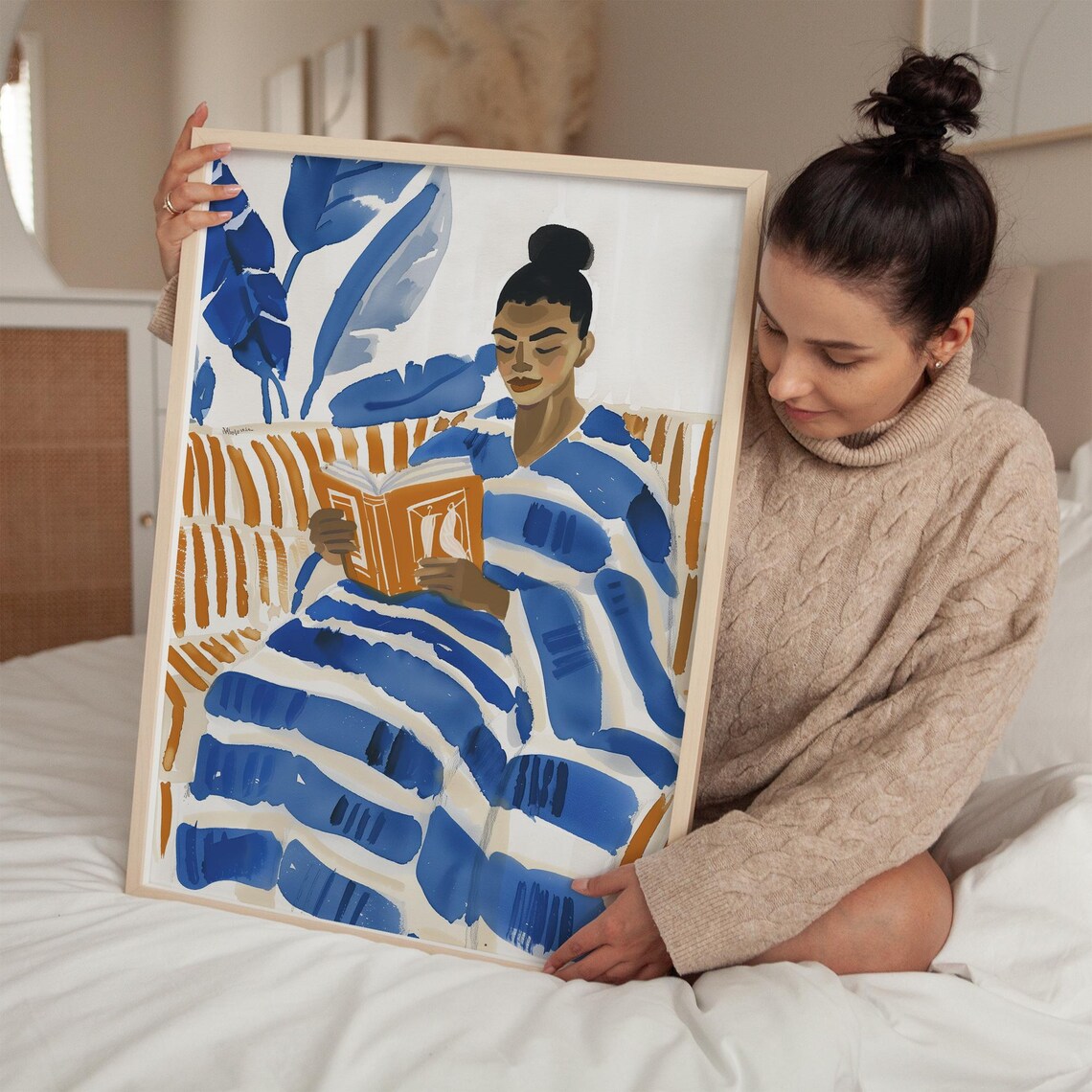 Blue Striped Reading Woman, Relaxed Abstract Art Print - Image 2