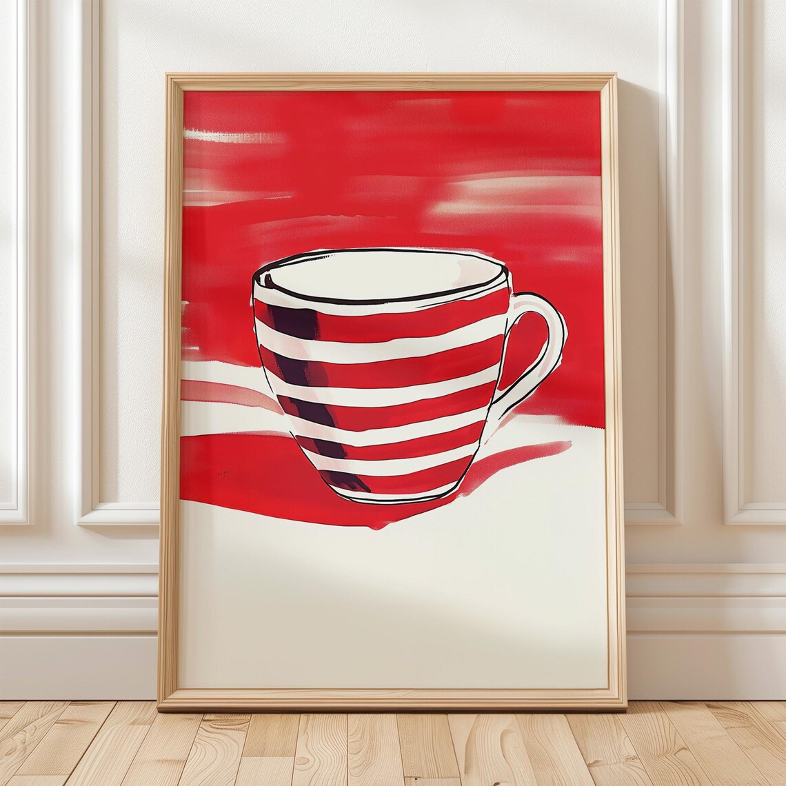 Red Striped Coffee Cup, Minimalist Abstract Art