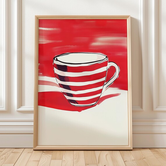 Red Striped Coffee Cup, Minimalist Abstract Art
