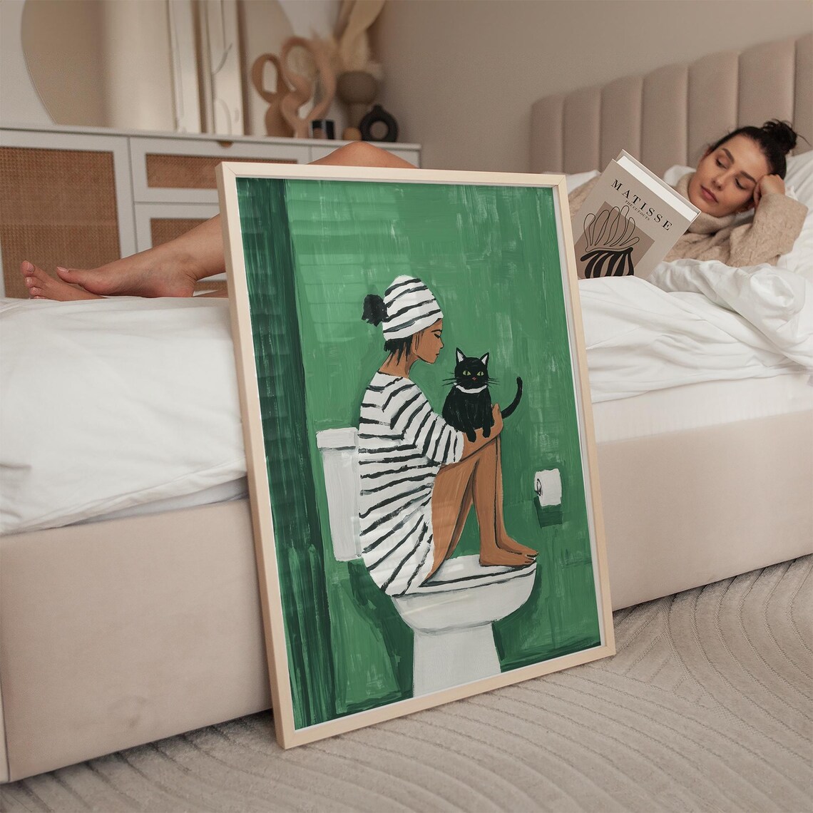 Striped Woman And Black Cat, Minimalist Bathroom Decor - Image 2