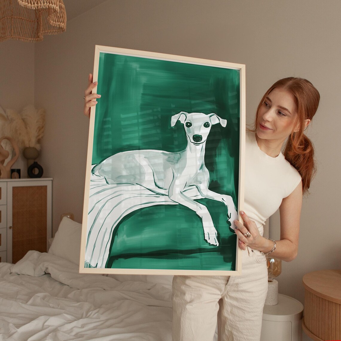 Elegant Greyhound On Green Sofa, Minimalist Dog Art - Image 4