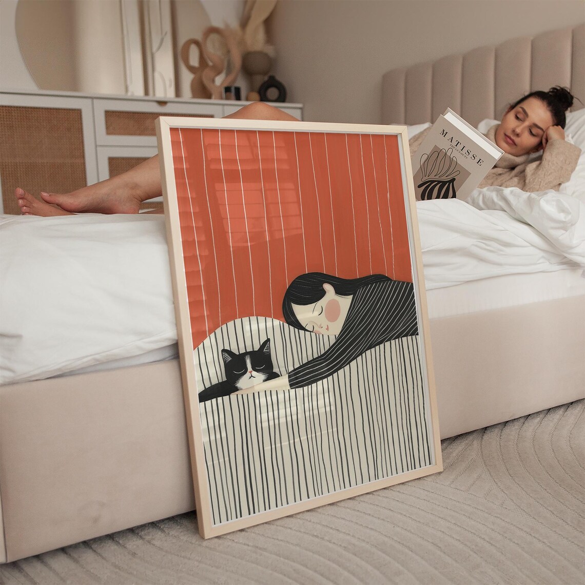 Woman Sleeping With Black Cat Coral Striped Bedroom Wall Poster - Image 2