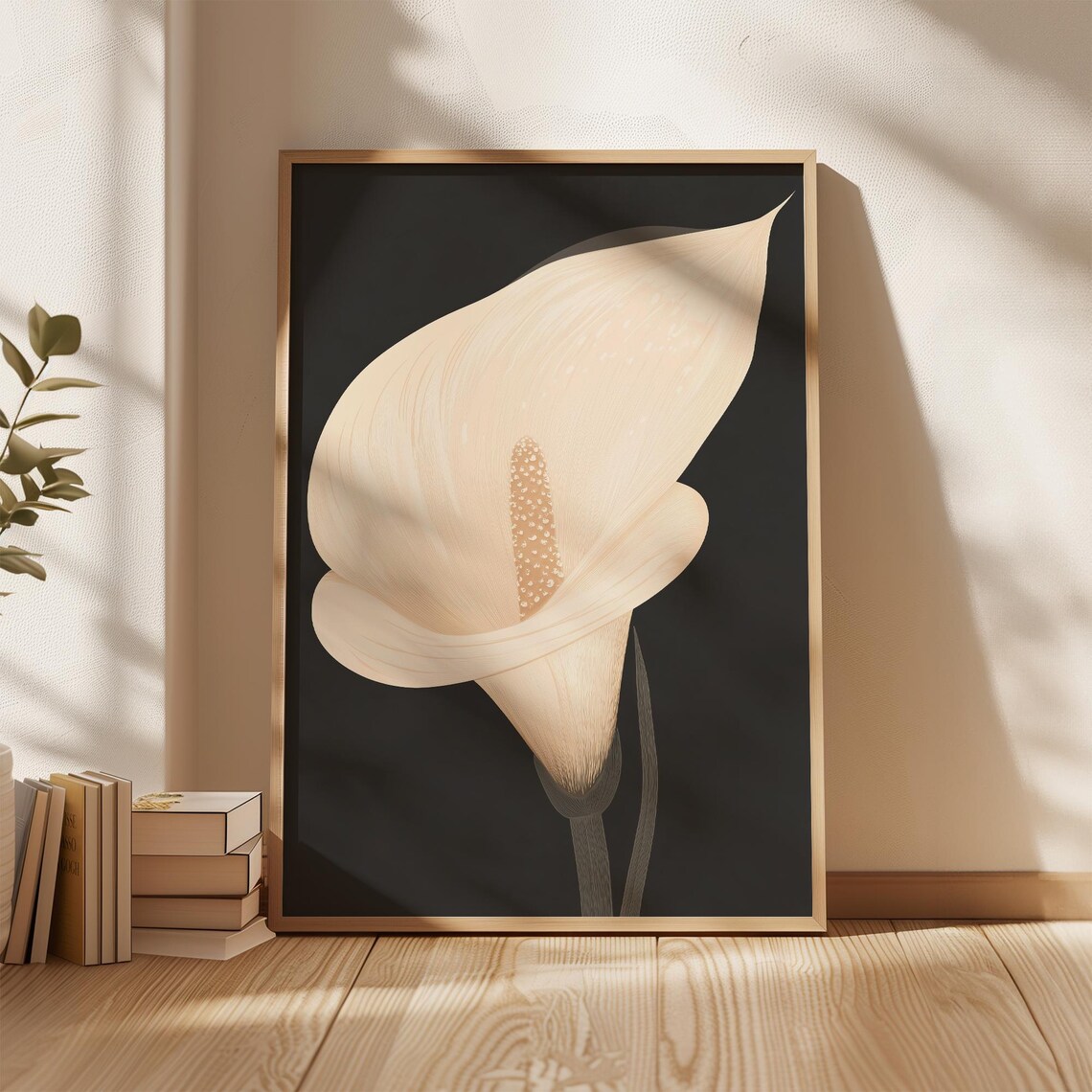 Beige Calla Lily Flower Wall Art Dark Floral Poster Minimal Botanical Print Neutral Boho Decor Modern Elegant Artwork