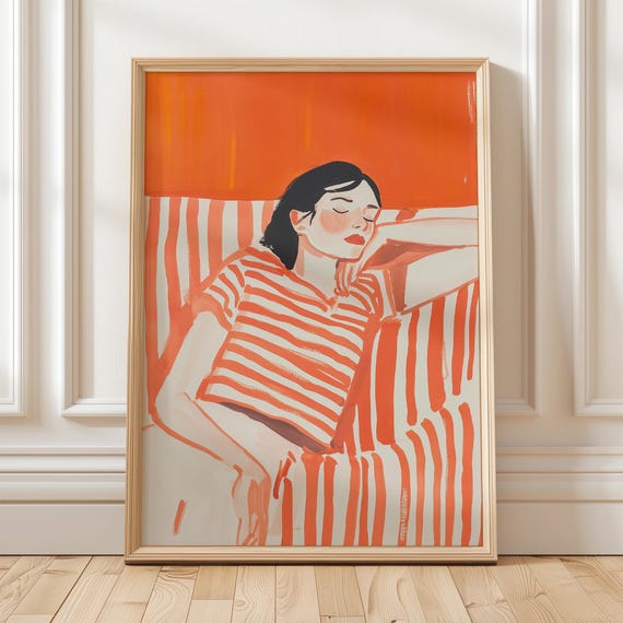 Relaxing Woman In Striped Orange Design Modern Abstract Wall Art Minimalist Illustration Bold Home Decor Print