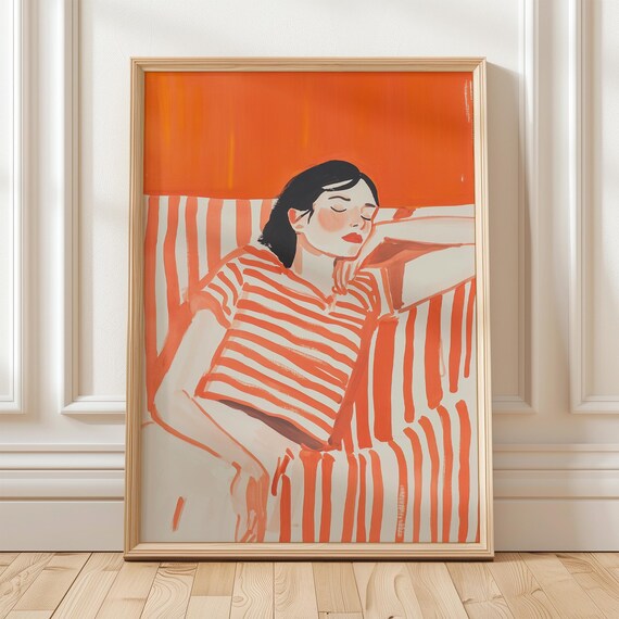Resting Woman in Orange Striped Top Cozy Modern Abstract Poster