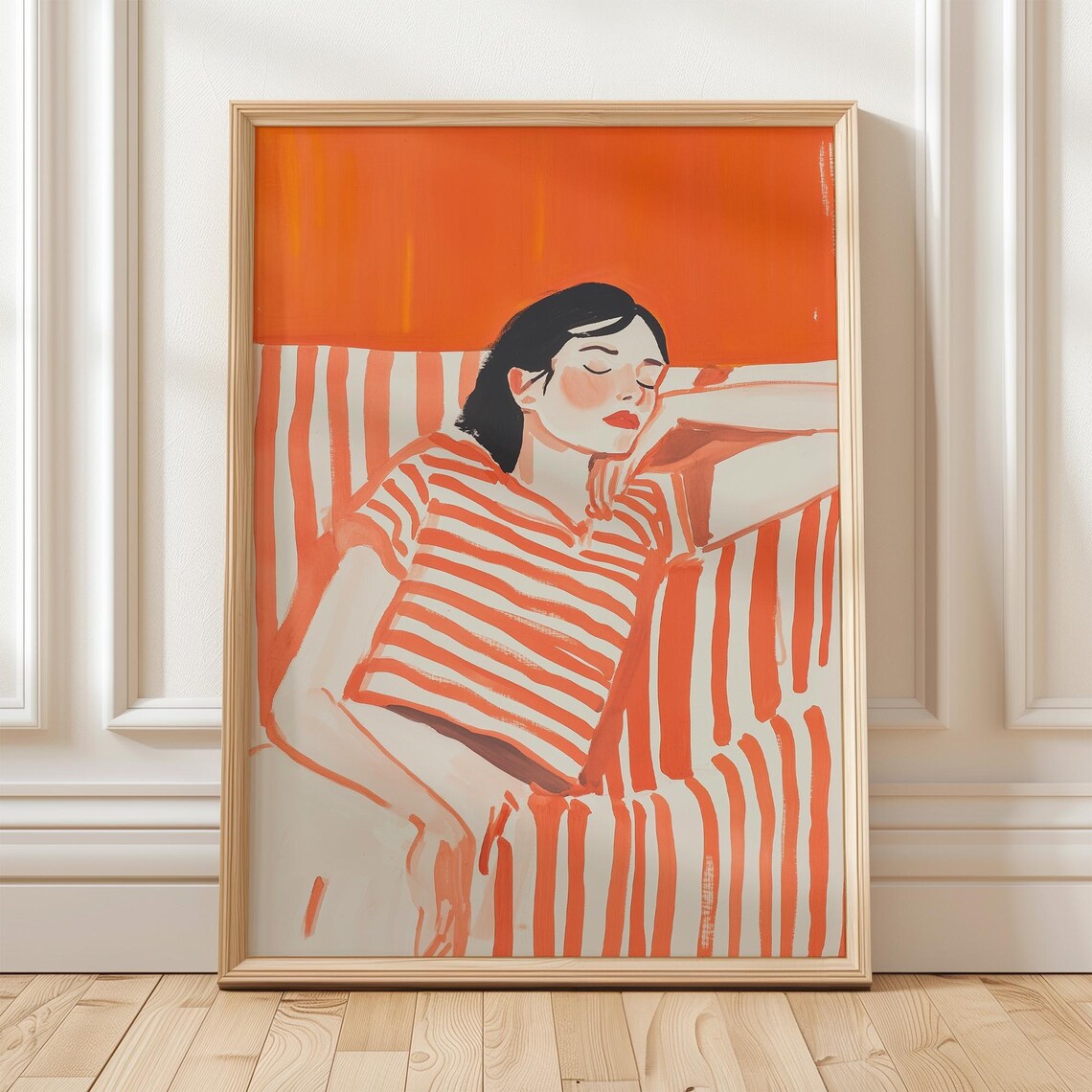 Resting Woman in Orange Striped Top Cozy Modern Abstract Poster