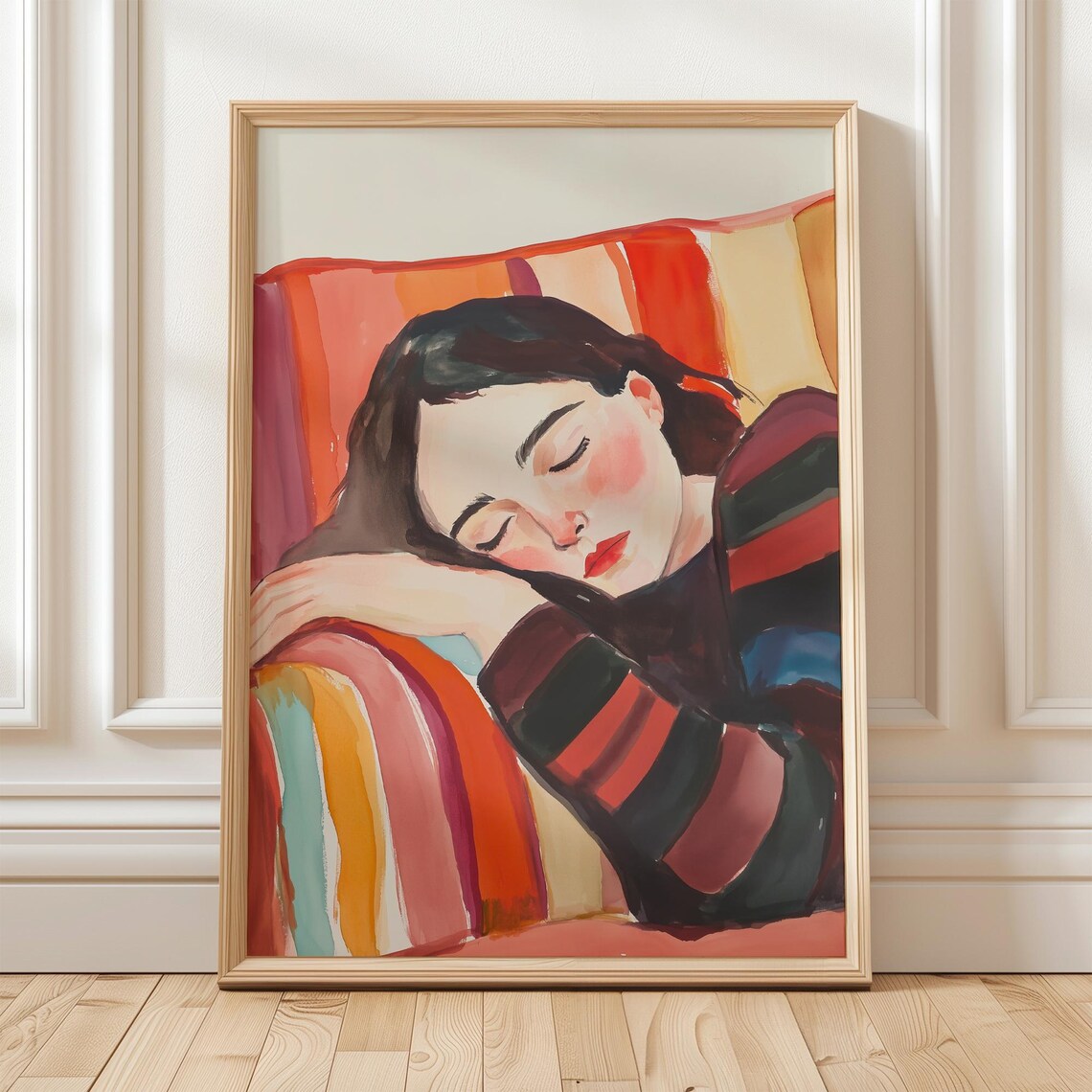 Sleeping Woman On Striped Chair, Modern Abstract Illustration