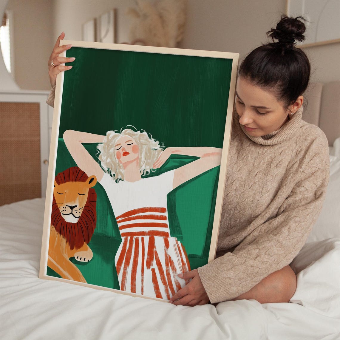 Serene Woman With Lion Wall Art Modern Jungle Decor Bold Boho Print Elegant Minimal Art Unique For Home - Image 2